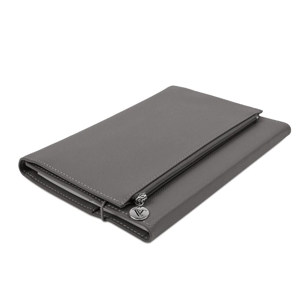 Victoria's Journal Zipco Clutch Yumuşak Koruyuculu Lastikli Fermuarlı Cepli Çizgili Blok Not Defteri  Gri